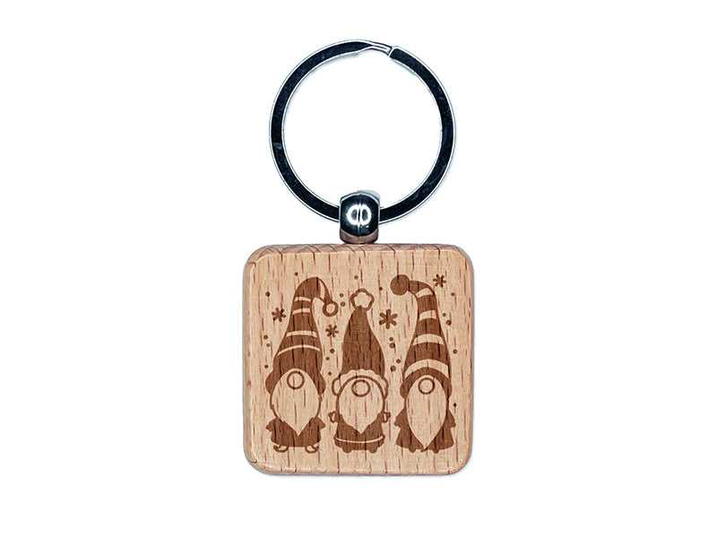 Christmas Gnome Trio Engraved Wood Square Keychain Tag Charm