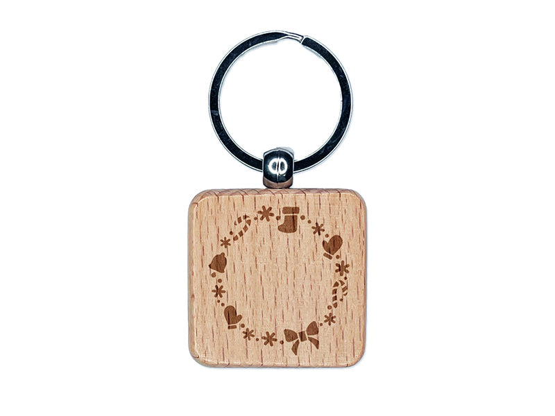 Christmas Holiday Border Wreath Candy Cane Stocking Engraved Wood Square Keychain Tag Charm