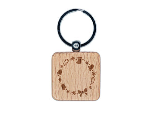 Christmas Holiday Border Wreath Candy Cane Stocking Engraved Wood Square Keychain Tag Charm