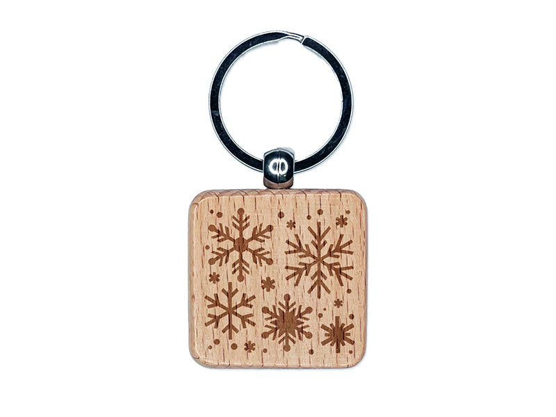 Christmas Snowflakes Engraved Wood Square Keychain Tag Charm