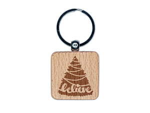 Christmas Tree Believe Engraved Wood Square Keychain Tag Charm