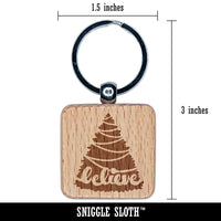 Christmas Tree Believe Engraved Wood Square Keychain Tag Charm