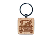 Christmas Tree Truck Engraved Wood Square Keychain Tag Charm