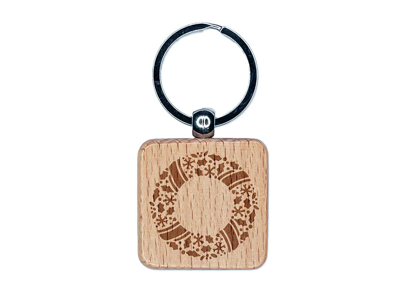 Christmas Wreath Detailed Engraved Wood Square Keychain Tag Charm