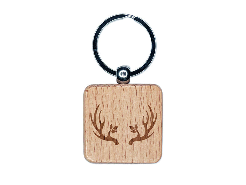 Deer Antlers Plant Detail Engraved Wood Square Keychain Tag Charm