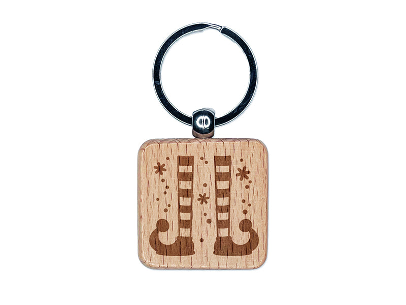 Elf Shoes and Stockings Christmas Engraved Wood Square Keychain Tag Charm