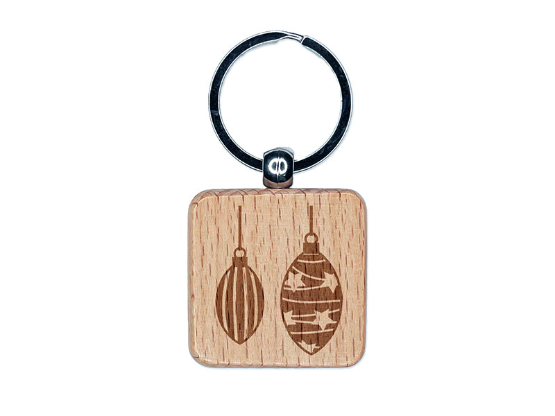 Elongated Holiday Christmas Ornaments Engraved Wood Square Keychain Tag Charm