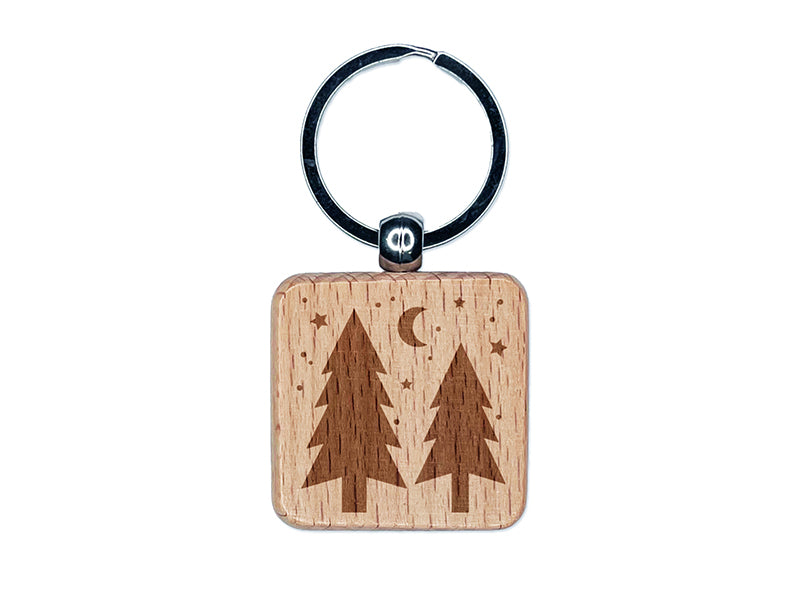 Evergreen Trees Night Sky Engraved Wood Square Keychain Tag Charm
