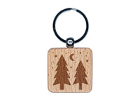 Evergreen Trees Night Sky Engraved Wood Square Keychain Tag Charm