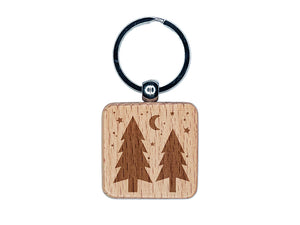 Evergreen Trees Night Sky Engraved Wood Square Keychain Tag Charm
