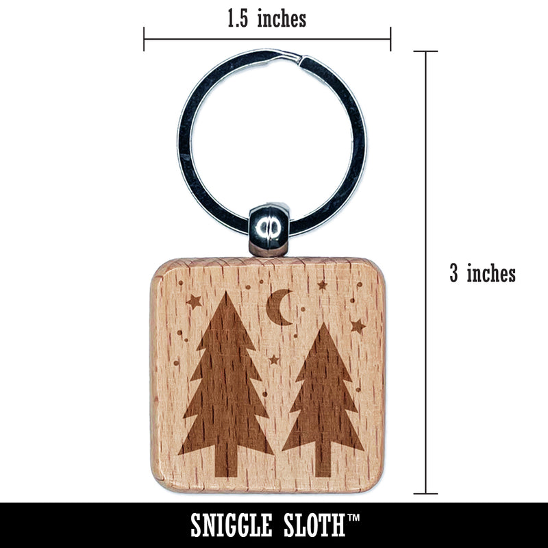 Evergreen Trees Night Sky Engraved Wood Square Keychain Tag Charm