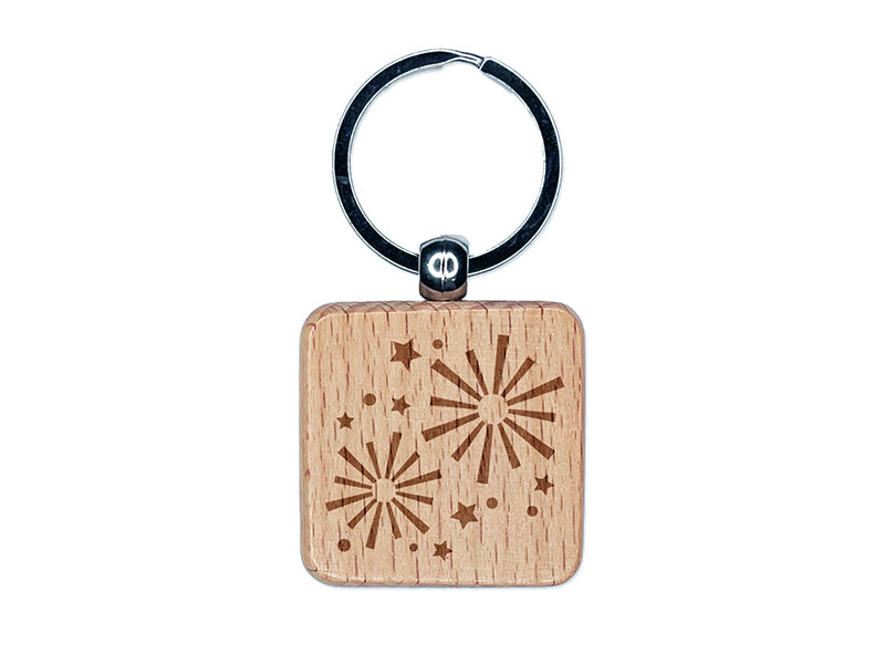 Firework Explosions Celebration New Years July 4th Engraved Wood Square Keychain Tag Charm