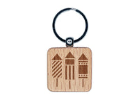 Fireworks Trio Celebration July 4th Engraved Wood Square Keychain Tag Charm