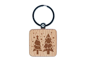 Holiday Christmas Trees Snowflakes Engraved Wood Square Keychain Tag Charm