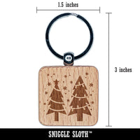 Holiday Christmas Trees Snowflakes Engraved Wood Square Keychain Tag Charm