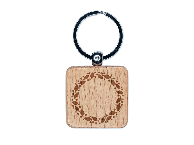 Leaves and Dots Round Border Engraved Wood Square Keychain Tag Charm