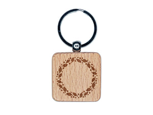 Leaves and Dots Round Border Engraved Wood Square Keychain Tag Charm