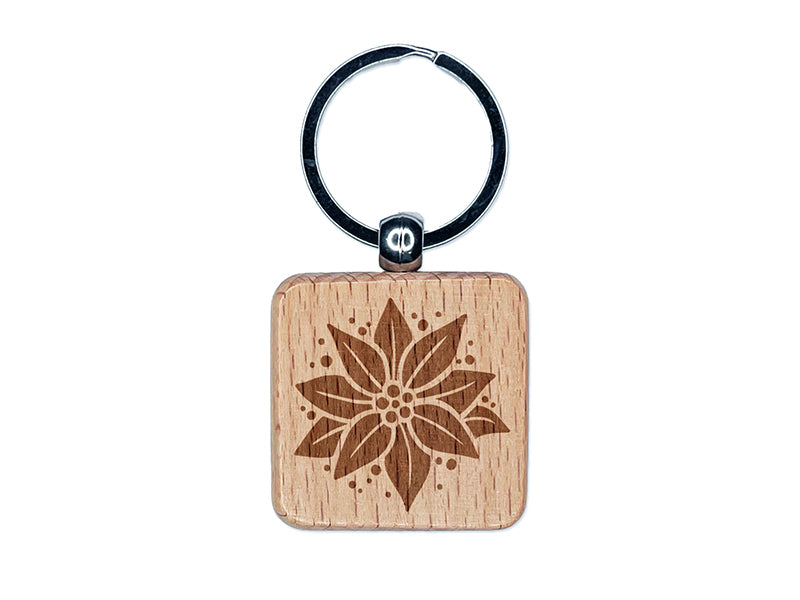 Poinsettia Flower Christmas Engraved Wood Square Keychain Tag Charm