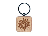 Poinsettia Flower Christmas Engraved Wood Square Keychain Tag Charm