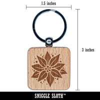 Poinsettia Flower Christmas Engraved Wood Square Keychain Tag Charm