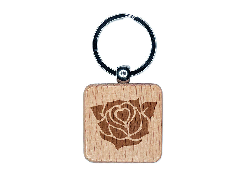 Rose Heart Center Engraved Wood Square Keychain Tag Charm