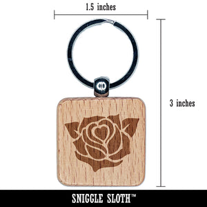 Rose Heart Center Engraved Wood Square Keychain Tag Charm