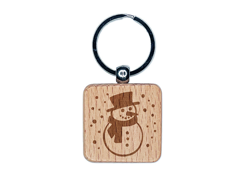 Winter Snowman Engraved Wood Square Keychain Tag Charm