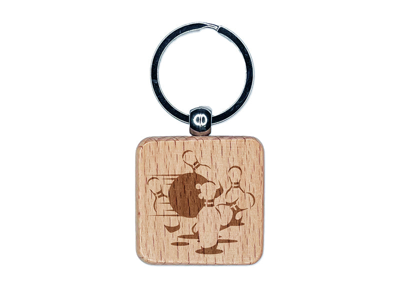 Bowling Ball Knocking Over Bowling Pins Engraved Wood Square Keychain Tag Charm