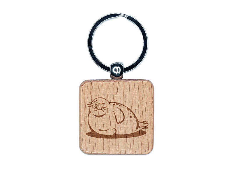 Chubby Happy Seal Basking on Side Engraved Wood Square Keychain Tag Charm