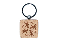 Dancing Walking Cats Pattern Engraved Wood Square Keychain Tag Charm
