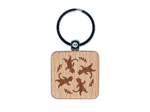 Dancing Walking Cats Pattern Engraved Wood Square Keychain Tag Charm