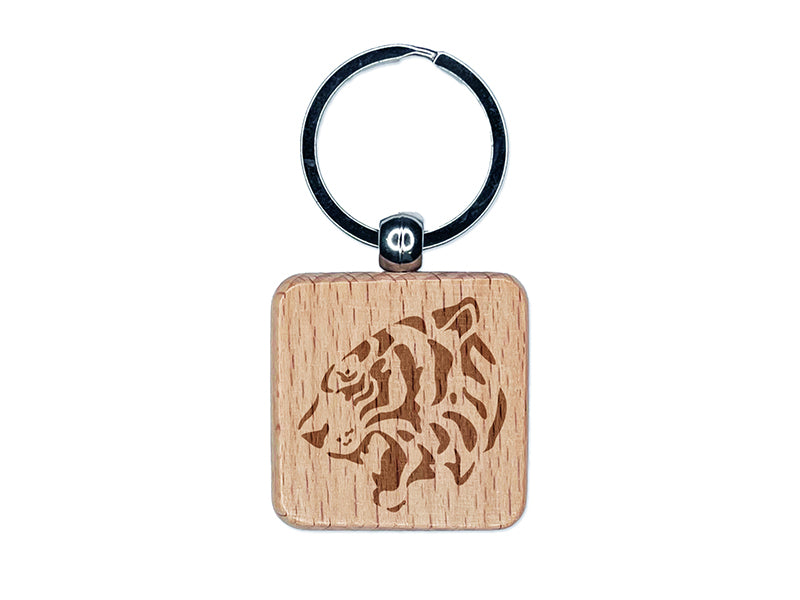 Ferocious Bengal Tiger Head Side View Engraved Wood Square Keychain Tag Charm