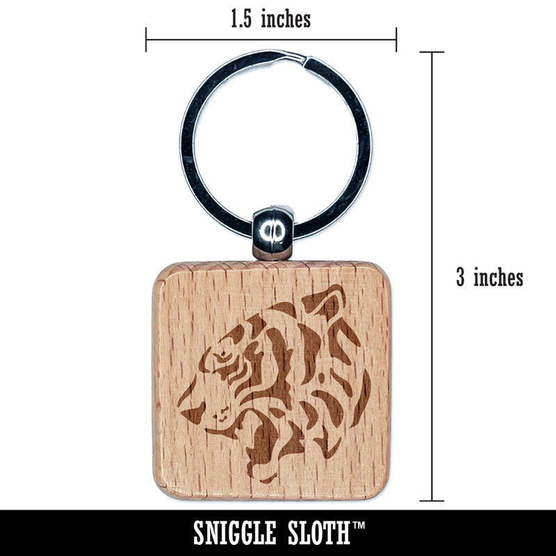 Ferocious Bengal Tiger Head Side View Engraved Wood Square Keychain Tag Charm