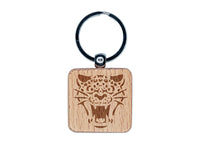 Ferocious Snarling Leopard Jaguar Jungle Cat Engraved Wood Square Keychain Tag Charm