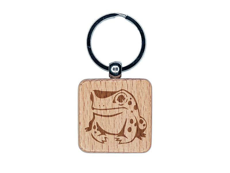 Frog Toad Sitting and Staring Engraved Wood Square Keychain Tag Charm