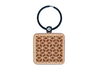 Geometric Cube Optical Illusion Pattern Engraved Wood Square Keychain Tag Charm