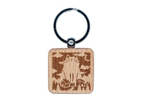 Giant Yule Cat Looming Over Village Christmas Engraved Wood Square Keychain Tag Charm