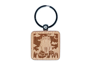 Giant Yule Cat Looming Over Village Christmas Engraved Wood Square Keychain Tag Charm