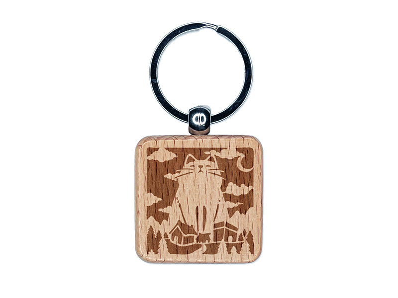 Giant Yule Cat Looming Over Village Christmas Engraved Wood Square Keychain Tag Charm