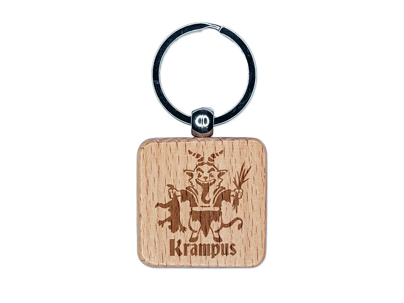 Little Krampus Christmas Monster Taking Child Demon Devil Engraved Wood Square Keychain Tag Charm