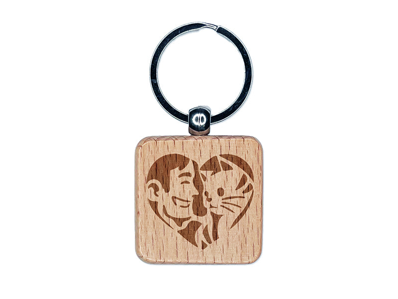Man with Cat Kitten Pet in Heart Engraved Wood Square Keychain Tag Charm