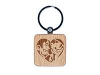 Man with Cat Kitten Pet in Heart Engraved Wood Square Keychain Tag Charm