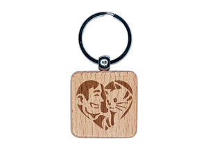 Man with Cat Kitten Pet in Heart Engraved Wood Square Keychain Tag Charm