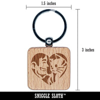 Man with Cat Kitten Pet in Heart Engraved Wood Square Keychain Tag Charm