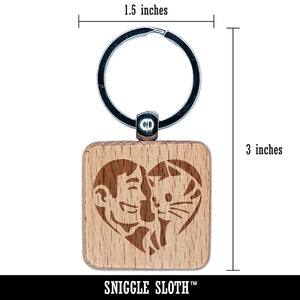 Man with Cat Kitten Pet in Heart Engraved Wood Square Keychain Tag Charm