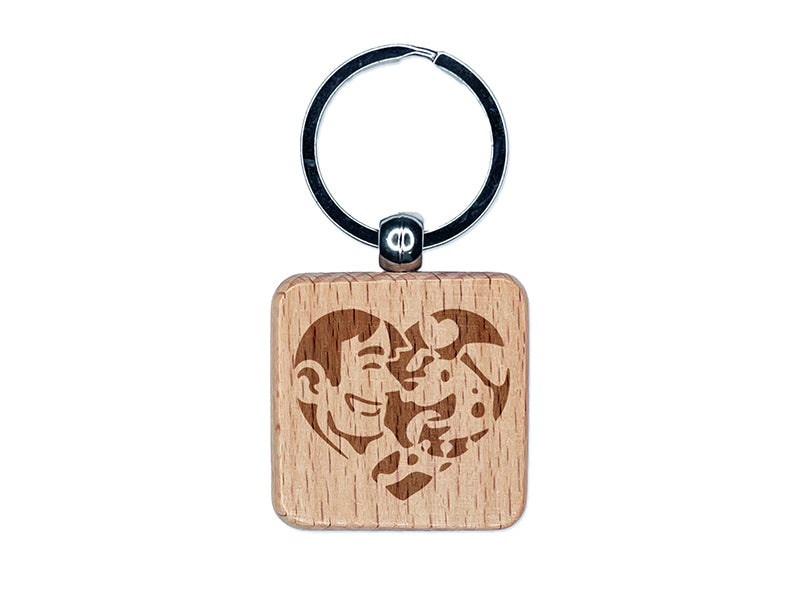 Man with Dog Puppy Pet in Heart Engraved Wood Square Keychain Tag Charm
