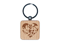 Man with Dog Puppy Pet in Heart Engraved Wood Square Keychain Tag Charm