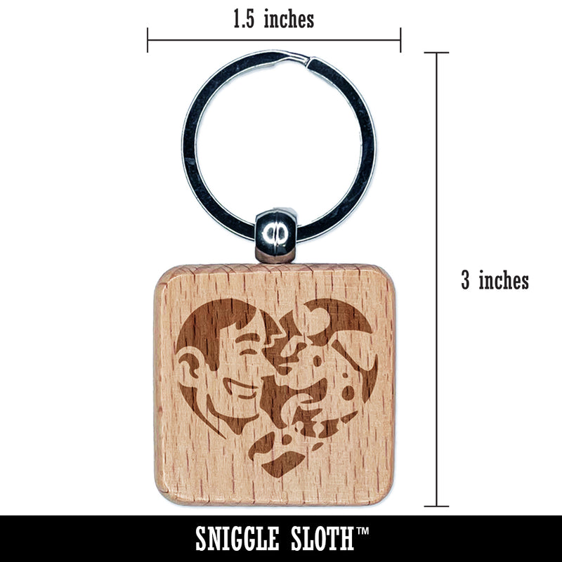 Man with Dog Puppy Pet in Heart Engraved Wood Square Keychain Tag Charm