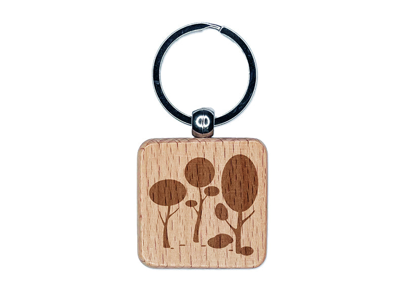 Minimalist Trees and Bushes in Forest Engraved Wood Square Keychain Tag Charm