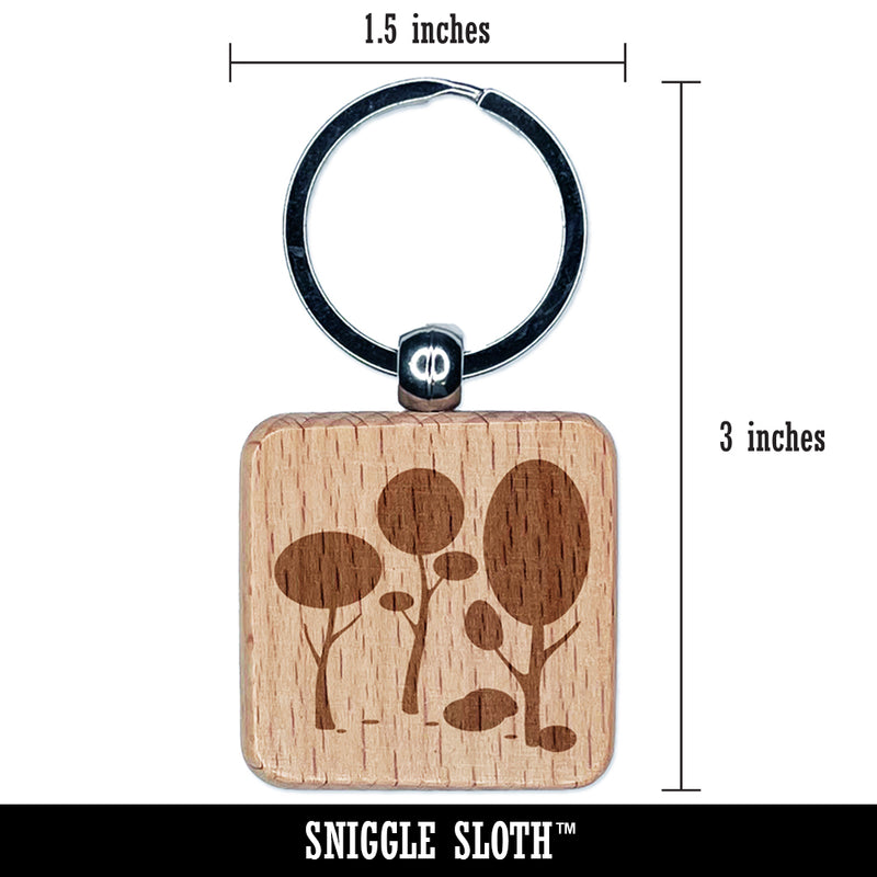Minimalist Trees and Bushes in Forest Engraved Wood Square Keychain Tag Charm